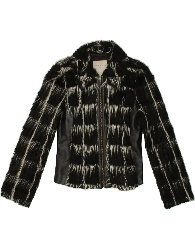 RICHMOND Womens Crop Faux Fur Bomber Jacket UK 10 Small Black Check Print Jacket Jacquard Jacket Patchwork Jacket