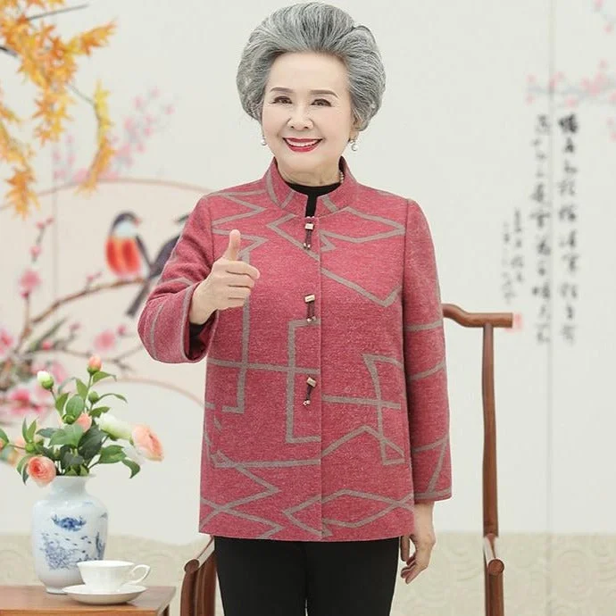Round Collar Geometry Embroidery Woolen Tang Suit Traditional Chinese Jacket Mother's Coat Satin Jacket Silk Jacket Chiffon Jacket