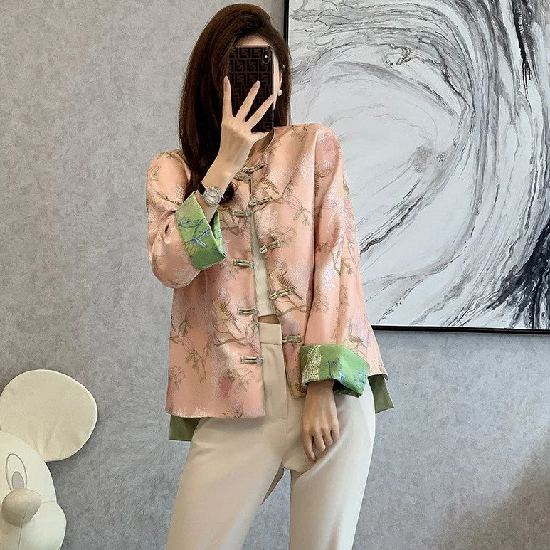 Round Neck Floral Embroidery Women's Traditional Chinese Brocade Jacket Fitted Jacket Loose Jacket Oversized Jacket Round Neck Floral Embroidery Women's Traditional Chinese Brocade Jacket Fitted Jacket Loose Jacket Oversized Jacket