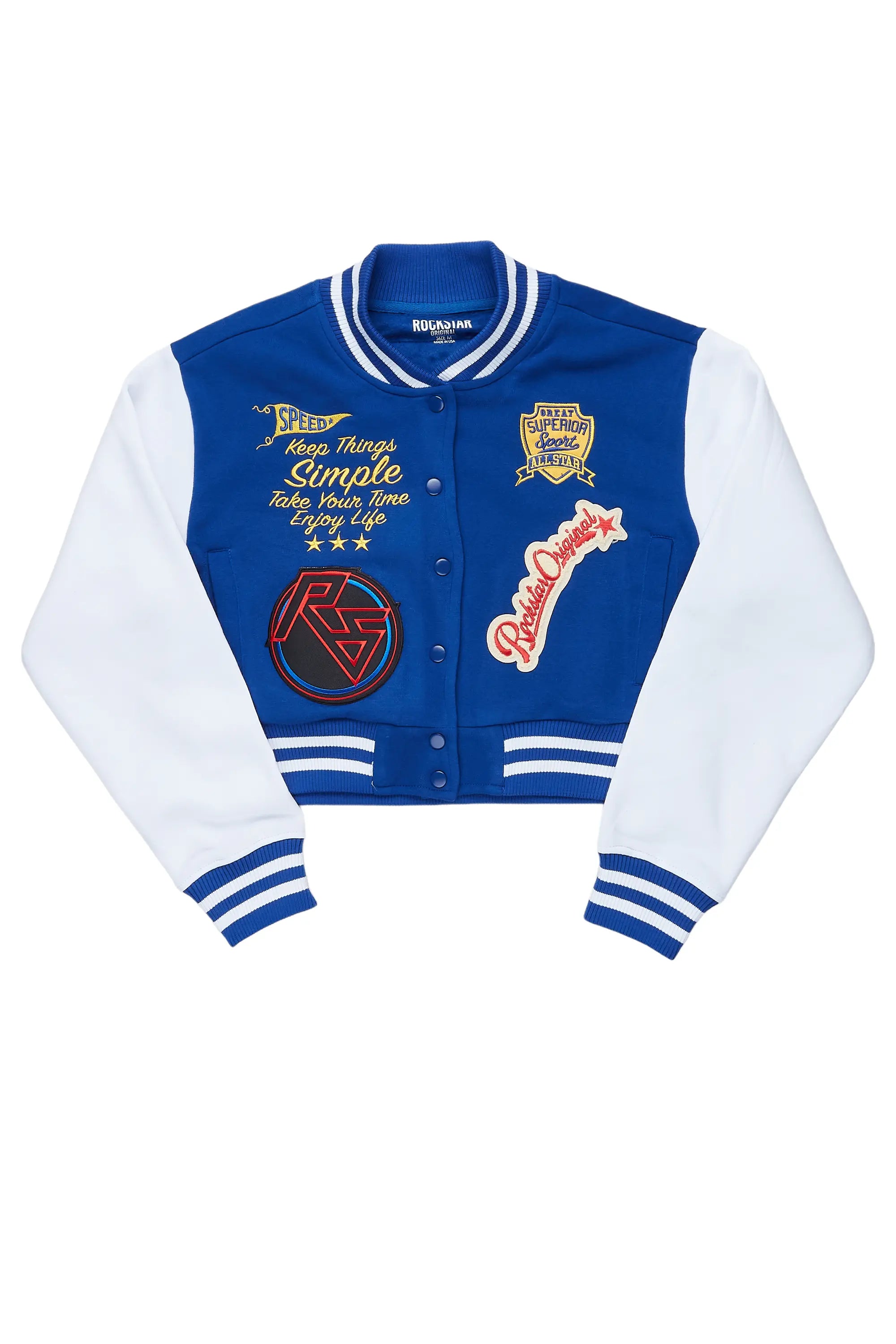 Dria Royal Blue Varsity Jacket Zip Front Button Front Snap Front