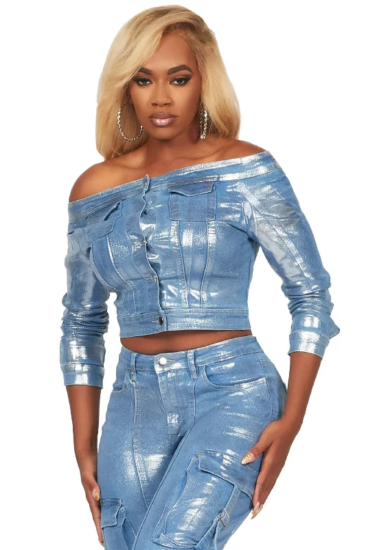 Lovera Light Wash Foiled Denim Jacket Bomber Jacket Anorak Windbreaker