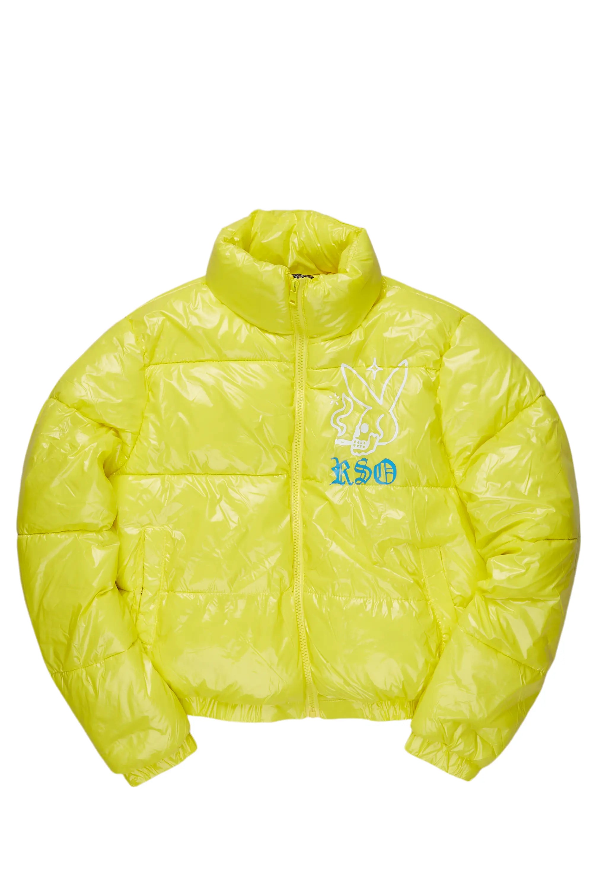 Bremissia Yellow Puffer Jacket Front Pockets Side Pockets Patch Pockets