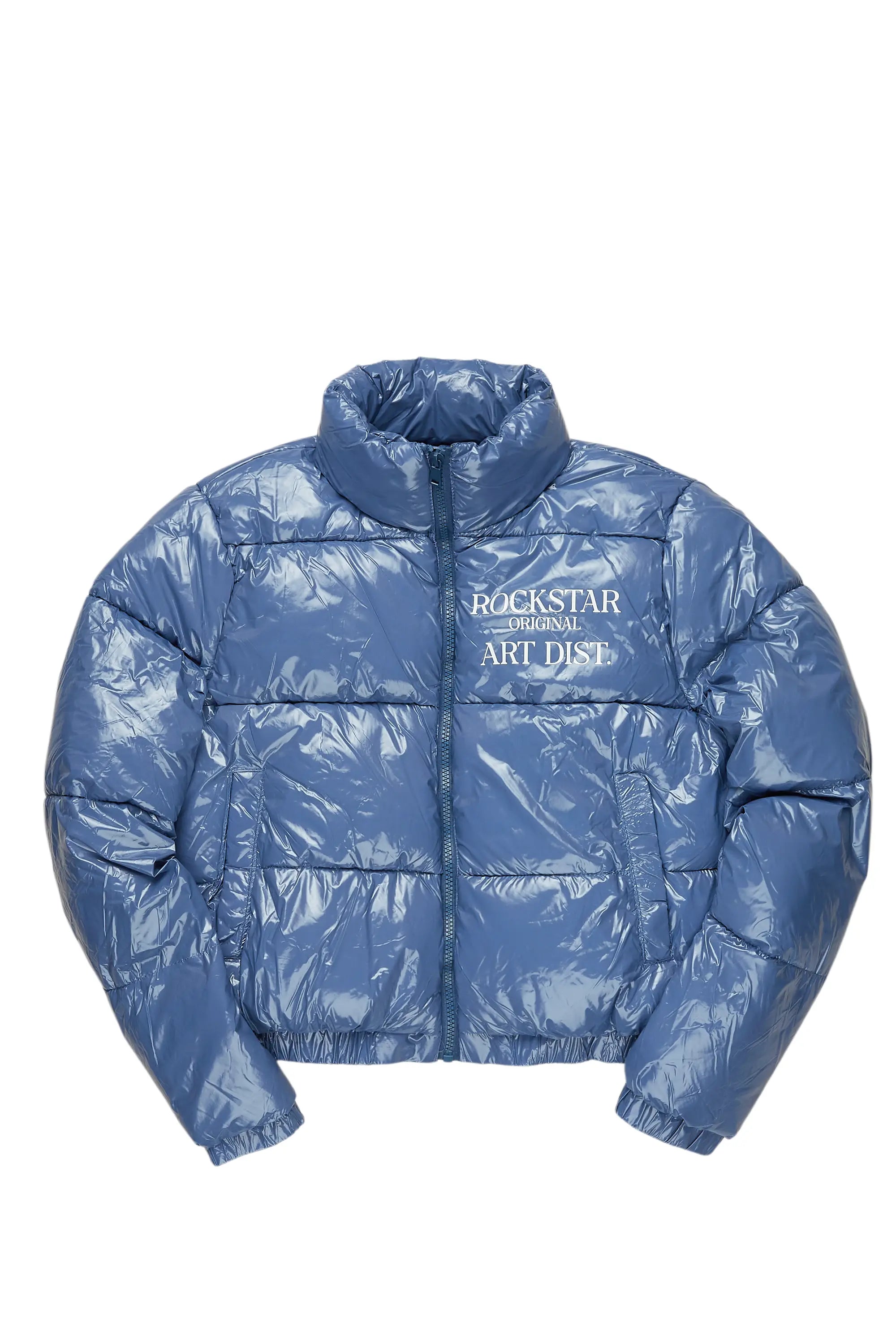 Chakelia Blue Puffer Jacket Stand-Up Collar Roll-Neck Collar Turtle Neck