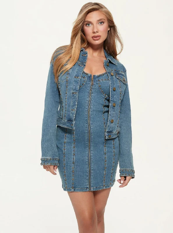 Saddle Blue Sexy Denim Trucker Jacket Zippered Front Buttoned Front Snap Front