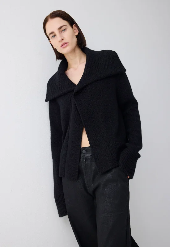 Saddle Cashmere Jacket - Black Stand-Up Collar Roll-Neck Collar Turtle Neck