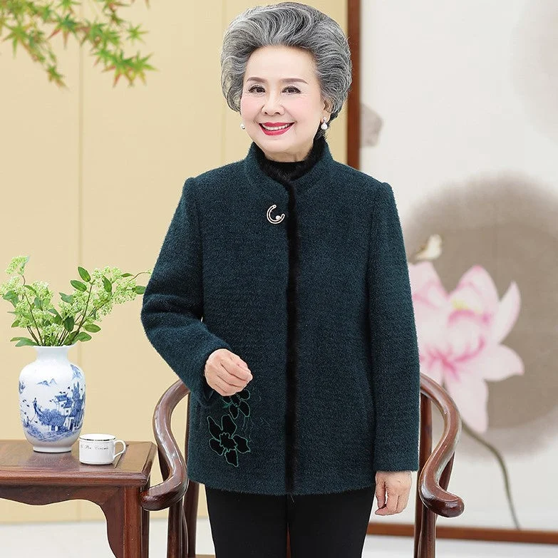 Thick Floral Mink Cashmere Tang Suit Traditional Chinese Jacket Mother's Coat Hooded Jacket Caped Jacket Shawl Collar Jacket