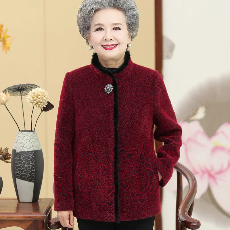 Thick Floral Mink Cashmere Tang Suit Traditional Chinese Jacket Mother's Coat Plaid Jacket Tartan Jacket Houndstooth Jacket