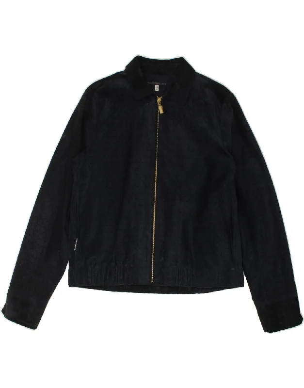 VALENTINO JEANS Womens Bomber Jacket IT 46 Large Navy Blue Check Zippered Jacket Buttoned Jacket Snapped Jacket