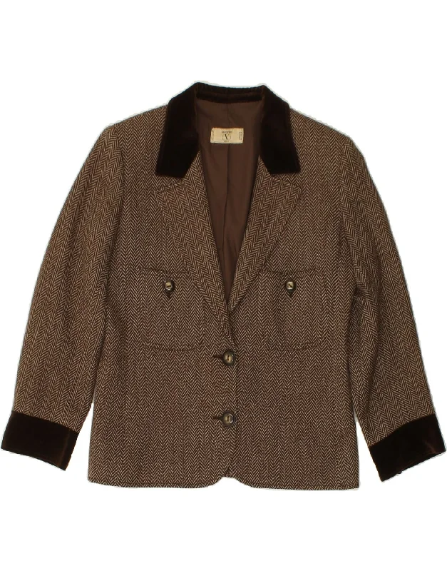VALENTINO Womens 2 Button Blazer Jacket UK 14 Medium Brown Chevron Cardigan Sweater Pullover