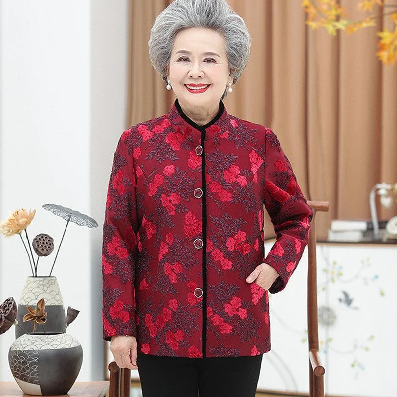 Velvet Floral Woolen Tang Suit Traditional Chinese Jacket Mother's Coat Stand-Up Collar Roll-Neck Collar Turtle Neck