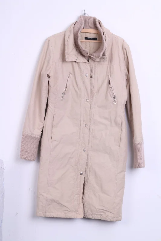 VILA Clothes Womens S Nylon Jacket Coat Beige Long Single Breasted Welt Pockets Slit Pockets Flap Pockets