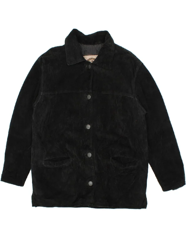VINTAGE Womens Oversized Suede Jacket UK 14 Medium Black Leather Cotton Fabric Linen Fabric Terry Fabric