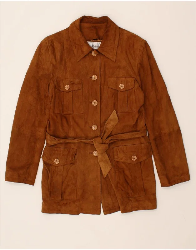 VINTAGE Womens Suede Jacket IT 44 Medium Brown Suede Welt Pockets Slit Pockets Flap Pockets VINTAGE Womens Suede Jacket IT 44 Medium Brown Suede Welt Pockets Slit Pockets Flap Pockets