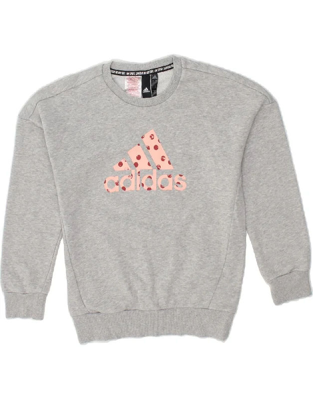 ADIDAS Girls Graphic Sweatshirt Jumper 9-10 Years Grey Cotton Hoodie with Camouflage Military Edgy