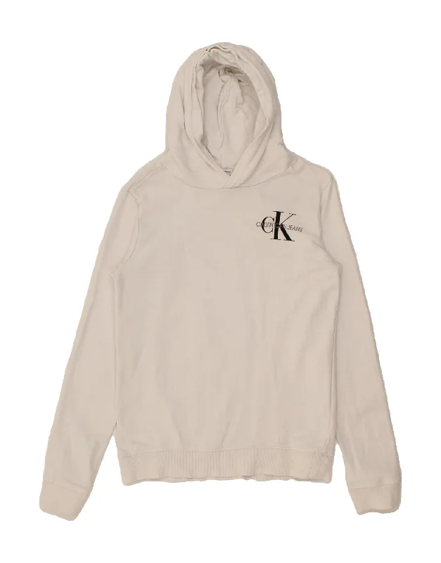 CALVIN KLEIN JEANS Girls Hoodie Jumper 15-16 Years White Hoodie with Typography Text Message