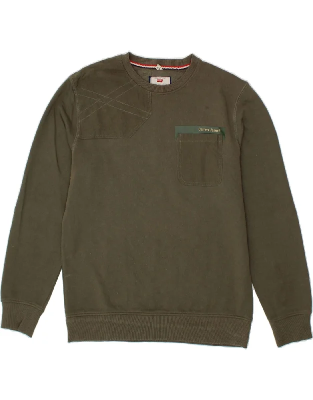 CARRERA Mens Sweatshirt Jumper Large Khaki Cotton Hoodie with High-Low Hem Asymmetrical Trendy