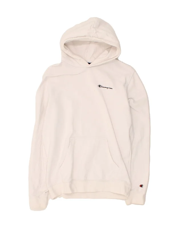 CHAMPION Mens Hoodie Jumper Medium White Cotton Hoodie with Hem Applique Textured Unique