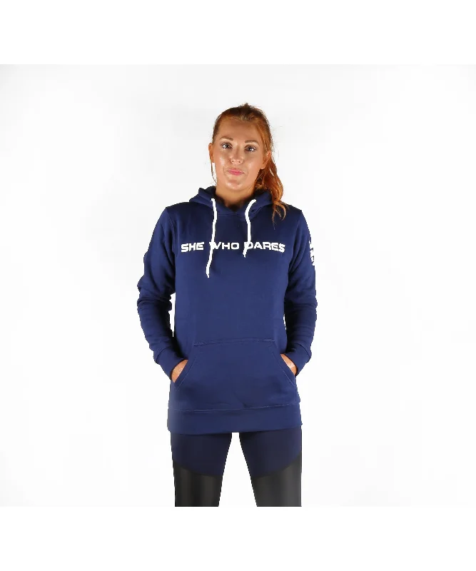 Combat Dollies She Who Dares Hoodie Navy Blue Hoodie with Hem Patch Decorative Personalized Combat Dollies She Who Dares Hoodie Navy Blue Hoodie with Hem Patch Decorative Personalized