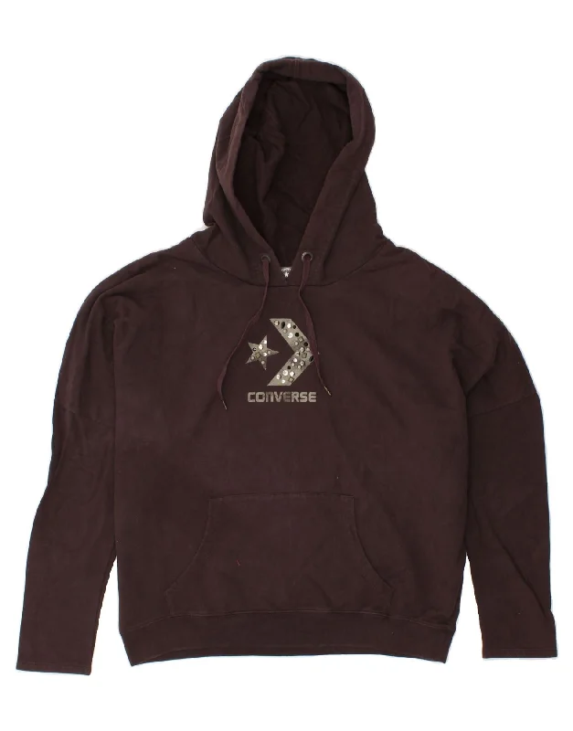 CONVERSE Womens Oversized Graphic Hoodie Jumper UK 16 Large Maroon Cotton Hoodie with Applique Textured Unique CONVERSE Womens Oversized Graphic Hoodie Jumper UK 16 Large Maroon Cotton Hoodie with Applique Textured Unique