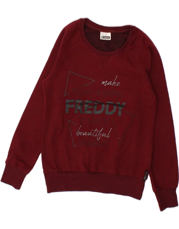 FREDDY Womens Graphic Sweatshirt Jumper UK 10 Small Maroon Cotton Hoodie with Fur Luxurious Winter FREDDY Womens Graphic Sweatshirt Jumper UK 10 Small Maroon Cotton Hoodie with Fur Luxurious Winter
