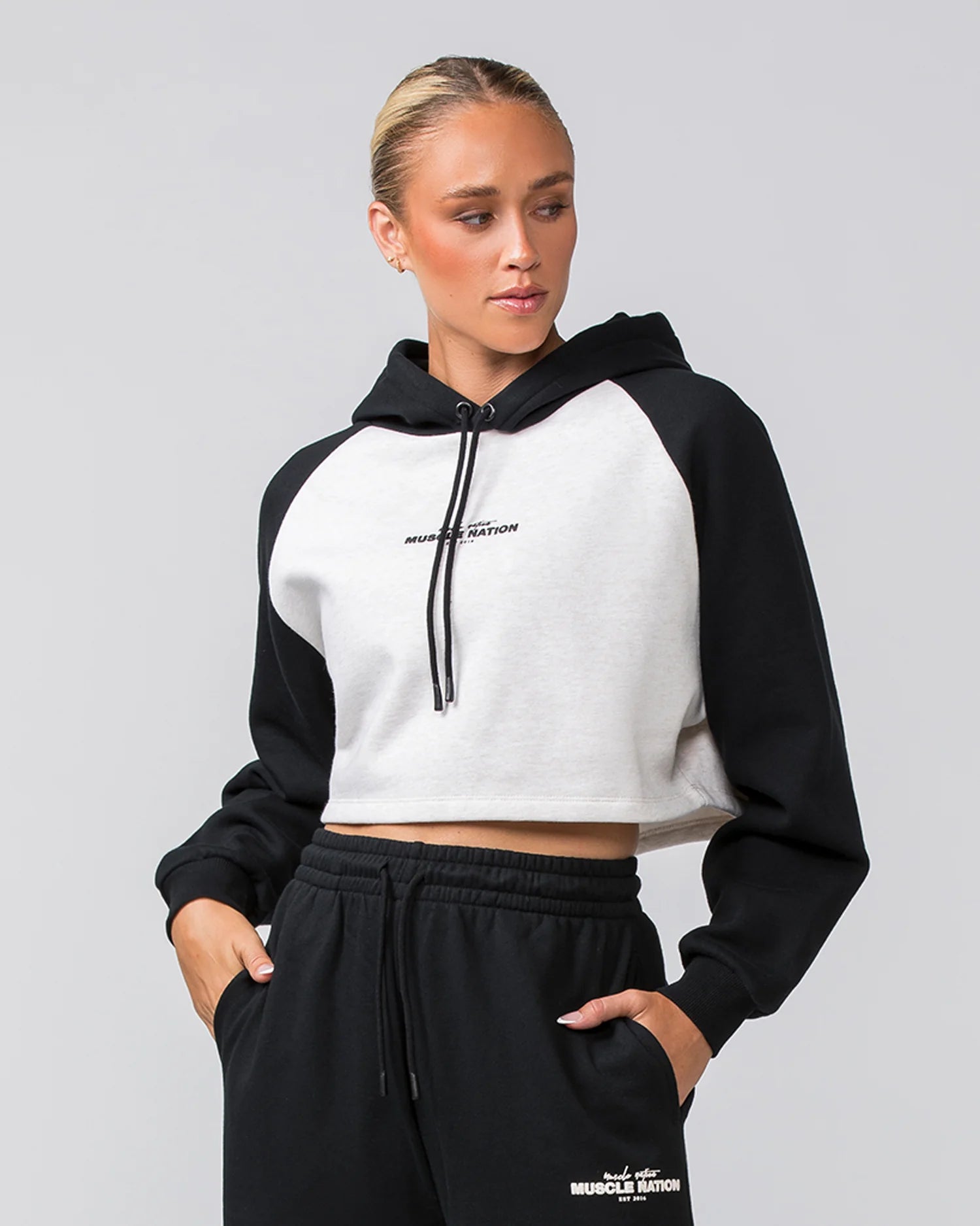 Muscle Nation | Timeless Cropped Hoodie - Black / Dew Marl Hooded Sweatshirt Casual Wear Street Style Muscle Nation | Timeless Cropped Hoodie - Black / Dew Marl Hooded Sweatshirt Casual Wear Street Style