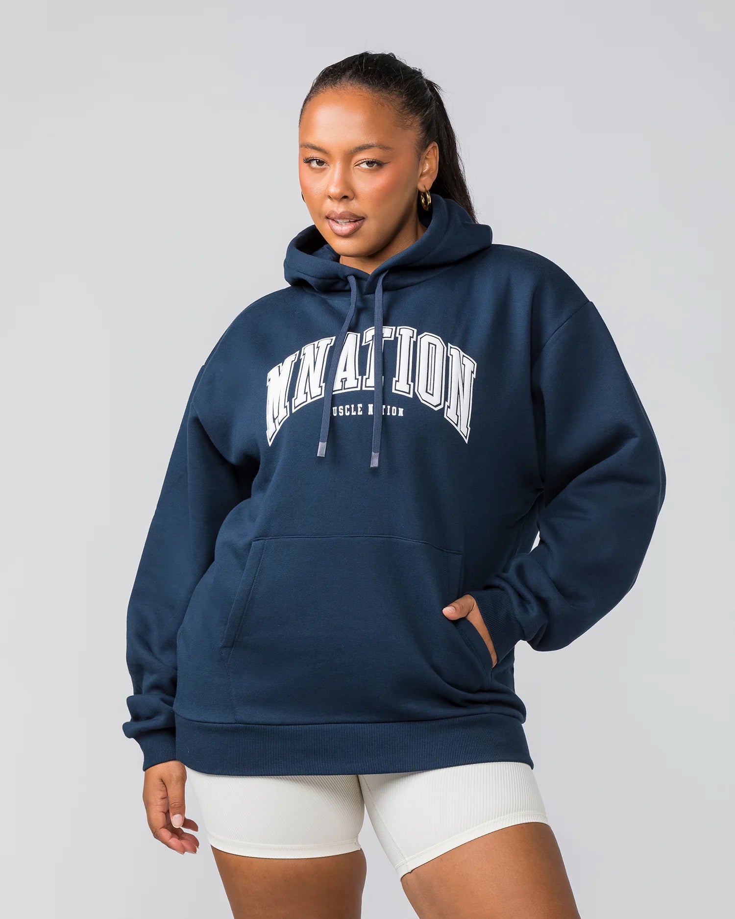 Muscle Nation | Varsity Oversized Hoodie - Navy Hoodie with Front Slit Layering Stylish Muscle Nation | Varsity Oversized Hoodie - Navy Hoodie with Front Slit Layering Stylish