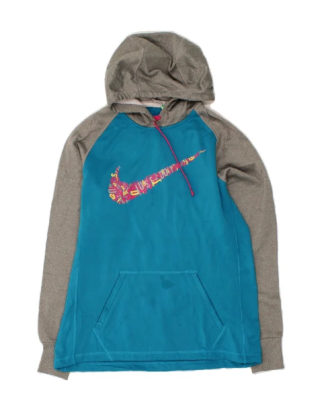 NIKE Womens Graphic Hoodie Jumper UK 12 Medium Blue Colourblock Polyester Hoodie with Embroidery Detailed Premium
