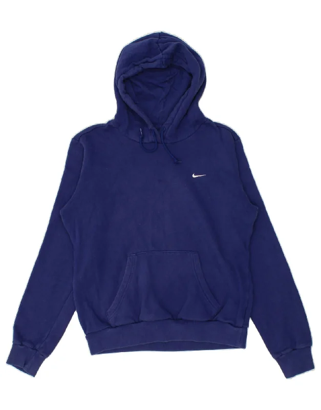 NIKE Womens Hoodie Jumper UK 14 Medium Navy Blue Cotton Hoodie with Emblem Brand Identity