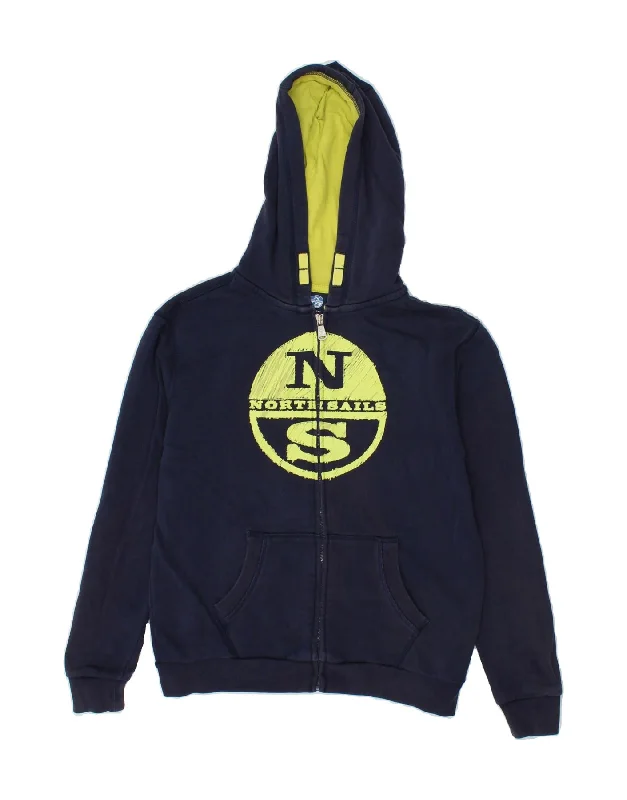 NORTH SAILS Boys Graphic Zip Hoodie Sweater 9-10 Years Navy Blue Cotton Hoodie with Neon Bright Vibrant