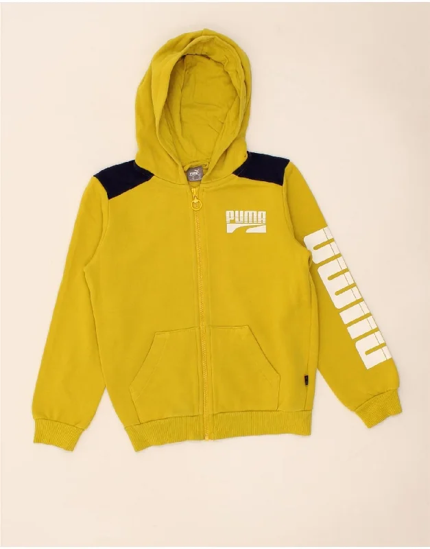 PUMA Boys Graphic Zip Hoodie Sweater 9-10 Years Medium Yellow Cotton Zip Hoodie Drawstring Kangaroo Pocket