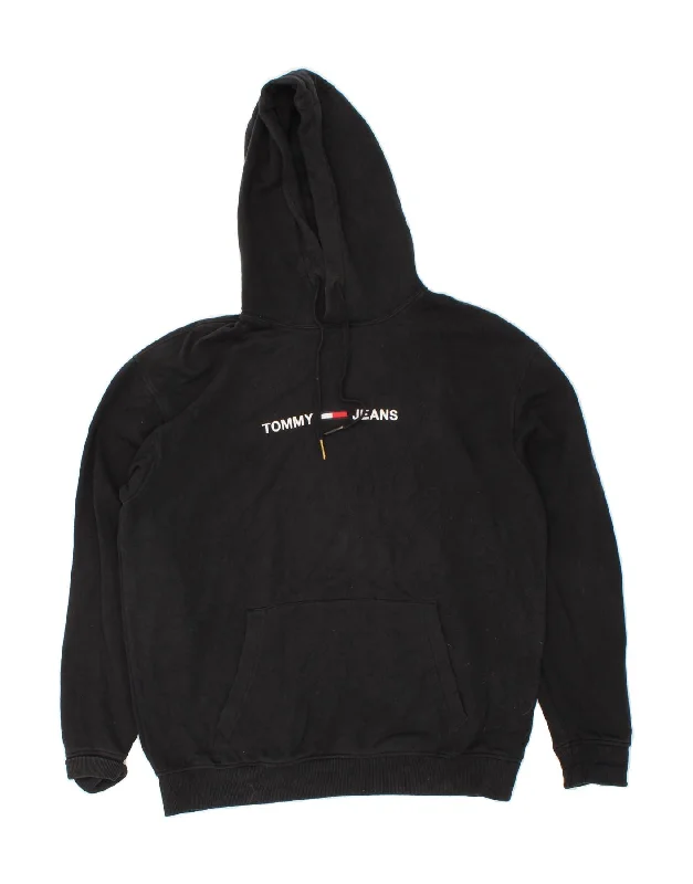 TOMMY HILFIGER Mens Graphic Hoodie Jumper Large Black Cotton Hoodie with Hem Lace Feminine Delicate