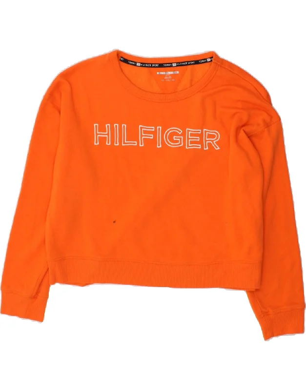 TOMMY HILFIGER Womens Crop Graphic Sweatshirt Jumper UK 20 2XL Orange Hoodie with Stripes Bold Sporty TOMMY HILFIGER Womens Crop Graphic Sweatshirt Jumper UK 20 2XL Orange Hoodie with Stripes Bold Sporty