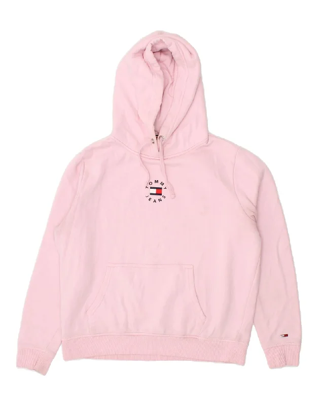 TOMMY HILFIGER Womens Hoodie Jumper UK 14 Large Pink Cotton Hoodie with Bell Sleeves Flared Feminine