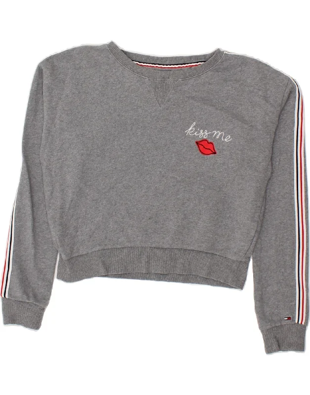 TOMMY HILFIGER Womens Oversized Crop Sweatshirt Jumper UK 10 Small Grey Hoodie with V-Neck Classic Versatile TOMMY HILFIGER Womens Oversized Crop Sweatshirt Jumper UK 10 Small Grey Hoodie with V-Neck Classic Versatile