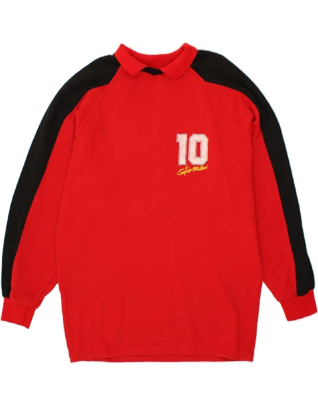 VINTAGE Mens Graphic Polo Neck Sweatshirt Jumper Large Red Colourblock Hoodie with Belted Waist Structured Tailored