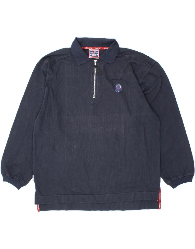 VINTAGE Mens Polo Neck Sweatshirt Jumper Large Navy Blue Cotton Hoodie with Velcro Closure Adjustable Secure