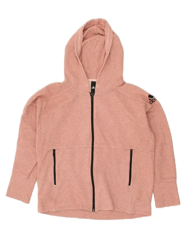 ADIDAS Womens Zip Hoodie Sweater UK 14 Medium Pink Flecked Cotton Faux Fur Fabric Real Fur Fabric Shearling Fabric