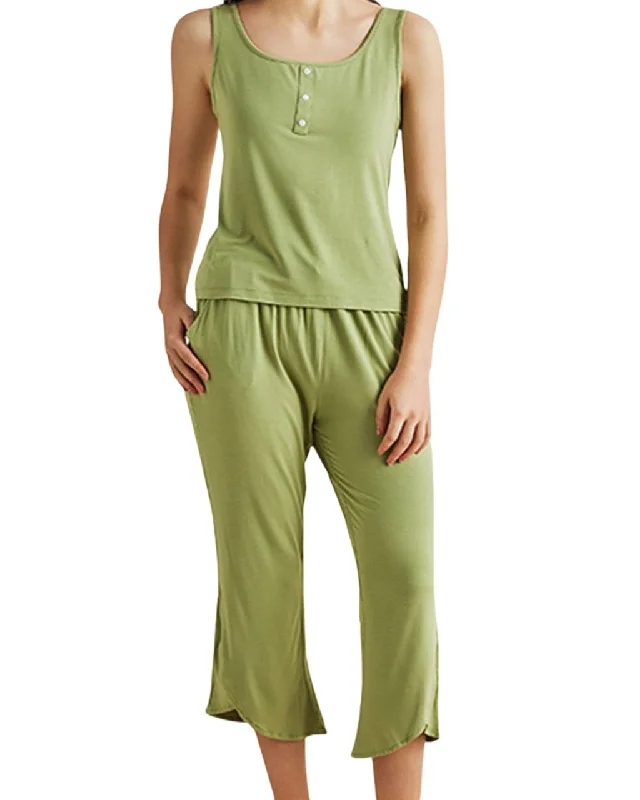 Bamboo Sleeveless Pyjamas Loungewear with Cropped Trousers - Lime Wide Leg Loose Fit Mid Waist