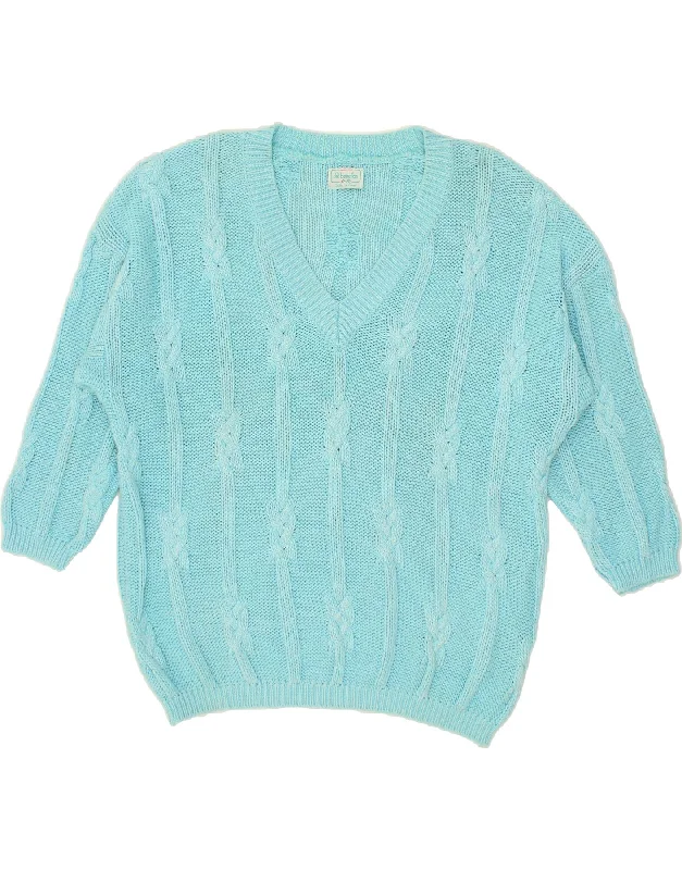 BENETTON Womens 3/4 Sleeve V-Neck Jumper Sweater IT 48 XL Turquoise Cotton Slim Fit Regular Fit Oversized