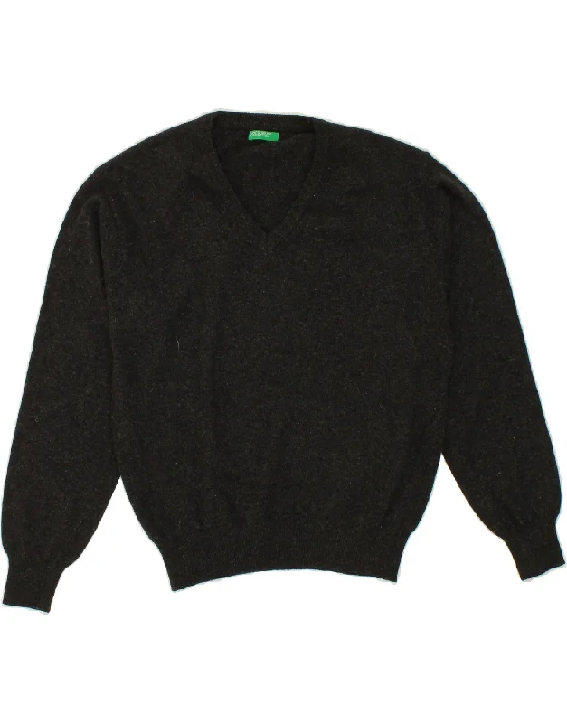 BENETTON Womens V-Neck Jumper Sweater UK 16 Large Grey Mesh Sweater Canvas Denim