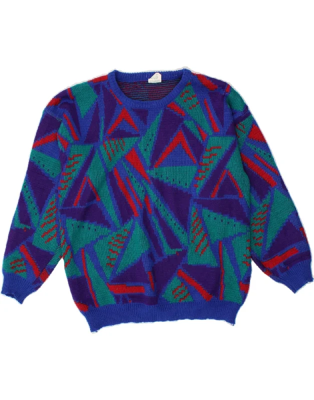 BIBA Womens Boat Neck Jumper Sweater UK 16 Large Blue Geometric Acrylic Cotton Fabric Linen Fabric Terry Fabric