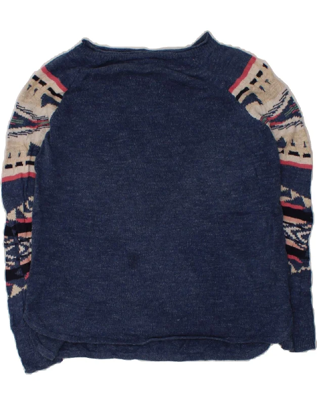 CHAPS Womens Boat Neck Jumper Sweater UK 14 Medium Navy Blue Fair Isle Satin Blend Silk Blend Wool Blend