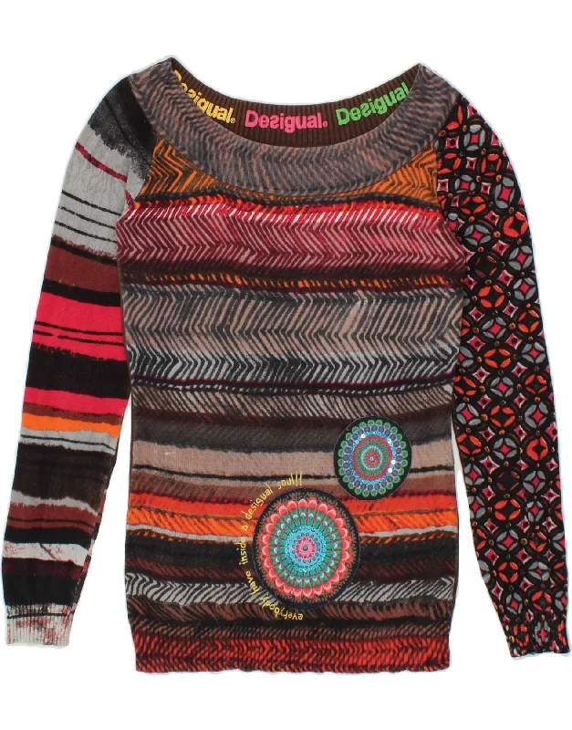 DESIGUAL Womens Boat Neck Jumper Sweater UK 14 Medium Multicoloured Ribbed Striped Patterned
