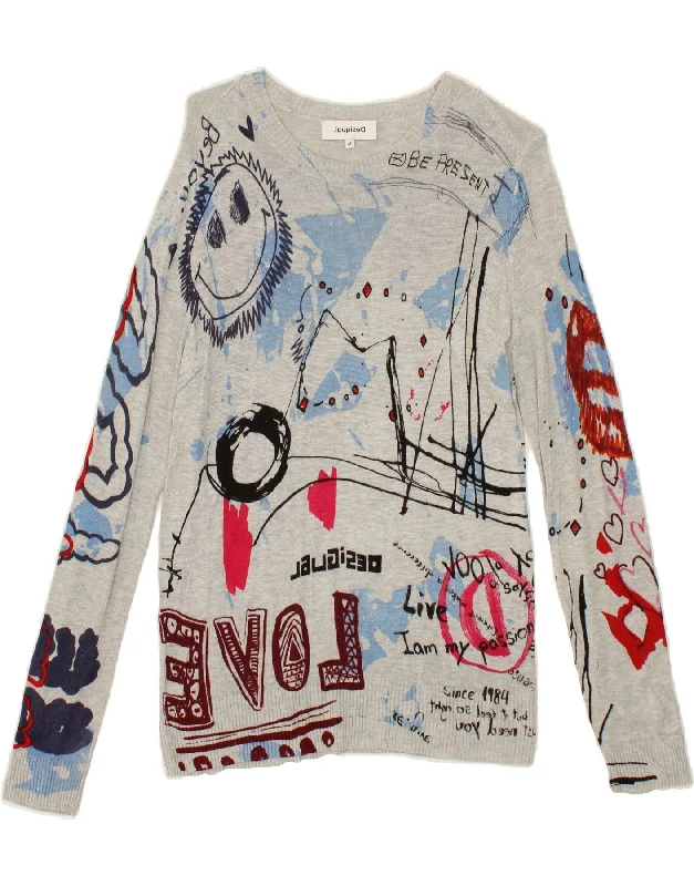 DESIGUAL Womens Graphic Boat Neck Jumper Sweater UK 12 Medium Grey Transparent Opaque Sheer