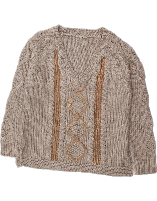 DESIGUAL Womens V-Neck Jumper Sweater UK 18 XL Grey Acrylic Chenille Blend Fleece Blend Nylon Blend