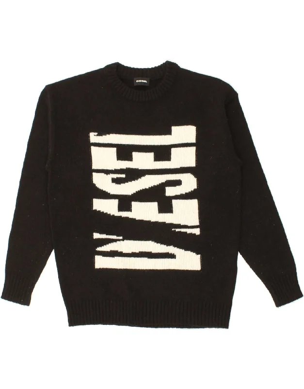 DIESEL Womens Graphic Boat Neck Jumper Sweater UK 10 Small Black Wool Welt Pockets Slit Pockets Flap Pockets