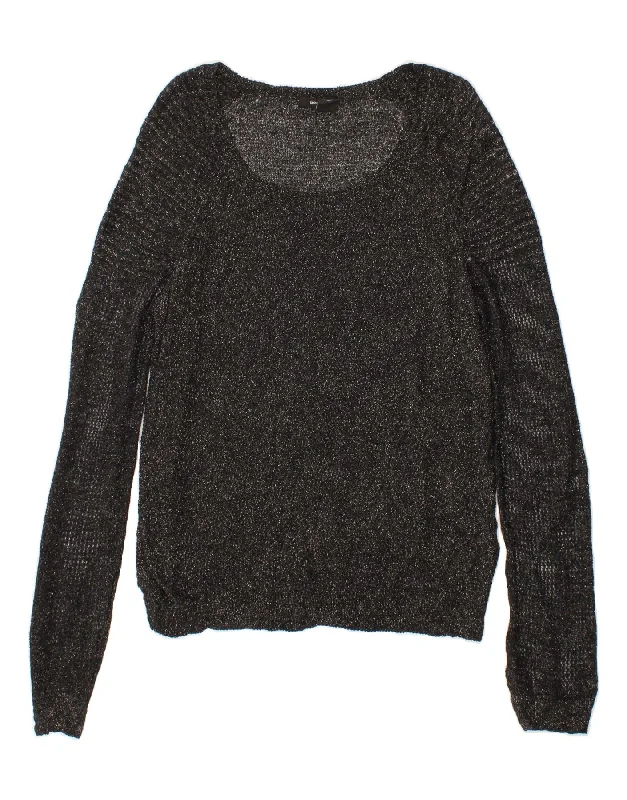 DKNY Womens See Through Boat Neck Jumper Sweater UK 14 Medium Black Zippered Front Buttoned Front Snap Front