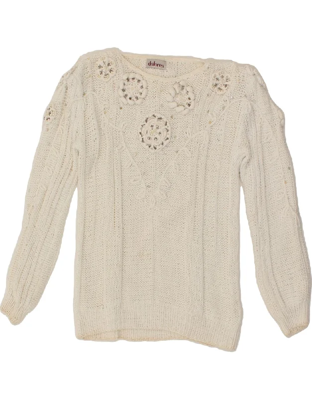 DOLORES Womens Boat Neck Jumper Sweater UK 12 Medium White Floral Solid Print Embellished