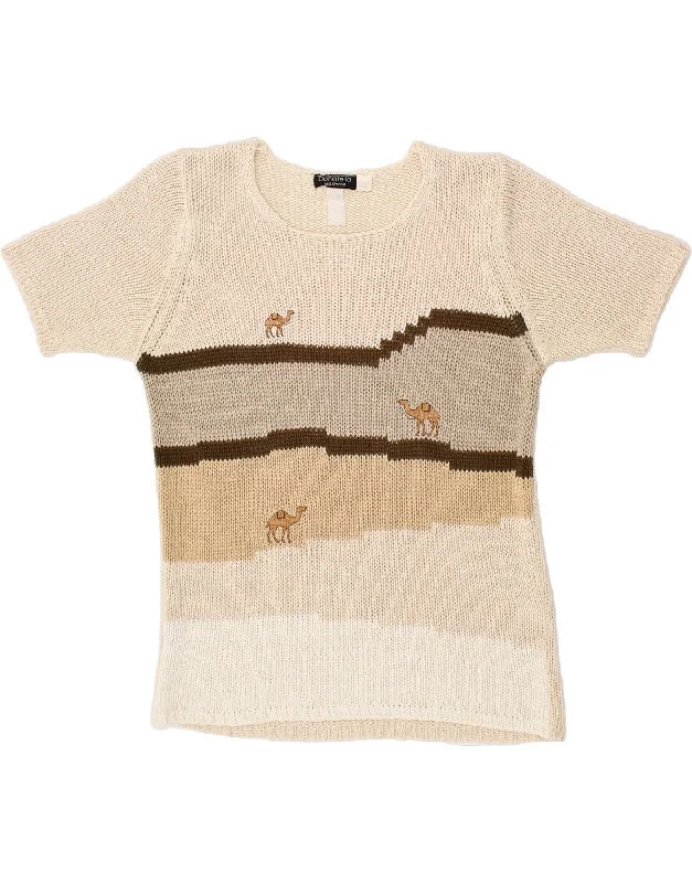DONATELLA Womens Short Sleeve Boat Neck Jumper Sweater UK 12 Medium Beige Rayon Fabric Velvet Fabric Corduroy Fabric DONATELLA Womens Short Sleeve Boat Neck Jumper Sweater UK 12 Medium Beige Rayon Fabric Velvet Fabric Corduroy Fabric