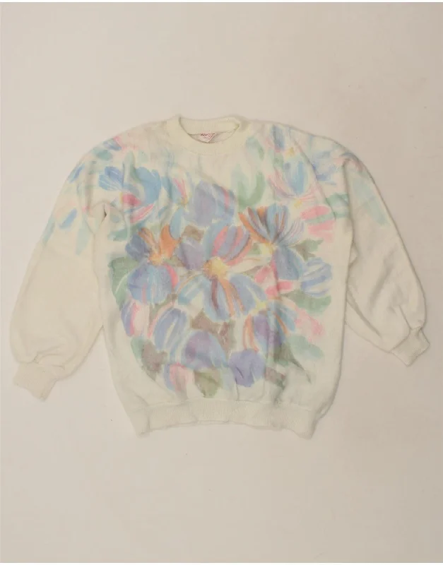 ELEGANCE Womens Graphic Crew Neck Jumper Sweater UK 16 Large White Floral Fitted Loose Oversized